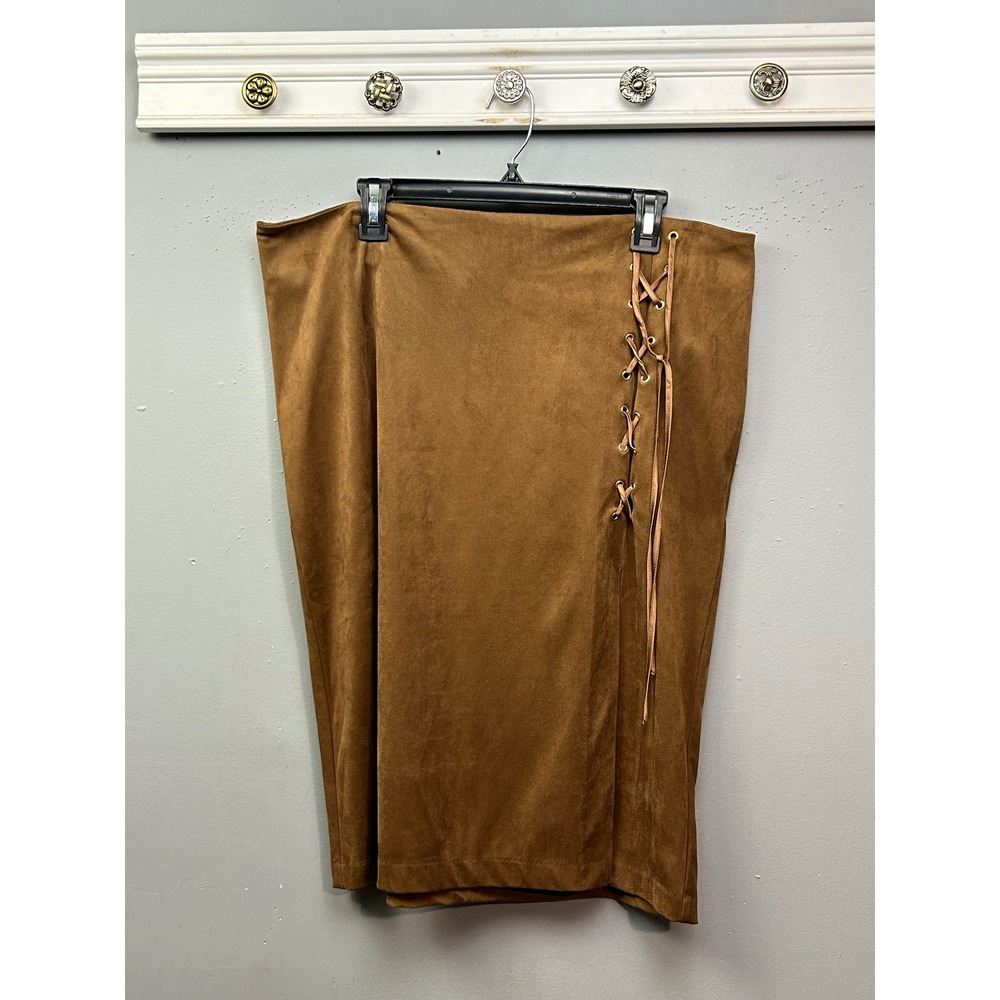 NEW YORK & COMPANY Brown Faux Suede Lace Up Midi Skirt‎ Size 18